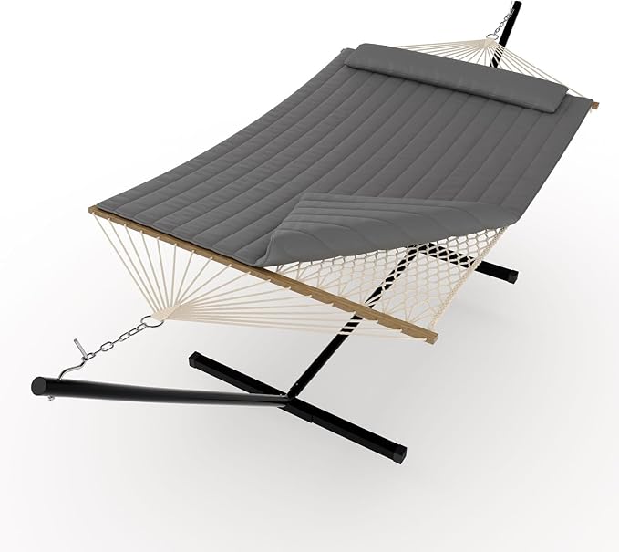 Double Hammock with Stand for 2 Adults - Heavy Duty 475 Lbs Capacity - Portable Hammock Set w/Breathable Cotton Rope & Quilted Pad - Backyard, Camping, Indoor or Outdoor Use (Black)