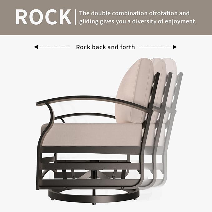 Gotland Outdoor Aluminum Patio Furniture Set with Fire Pit Table, 7 Pieces Metal Patio Furniture with 2 Swivel Rocking Chairs 11 Seats Waterproof 5.1'' Seat Cushions, for Garden Balcony Porch Khaki