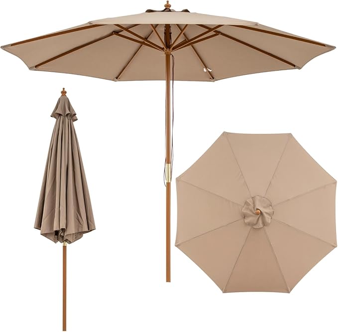 HAPPYGRILL 9 FT Patio Umbrella, Outdoor Table Market Umbrella with 8 Sturdy Bamboo Ribs, Wood Pole, Sun-Protective Double-Tier Canopy, Air Vent, Sunshade Parasol for Garden Deck Backyard Pool (Tan)