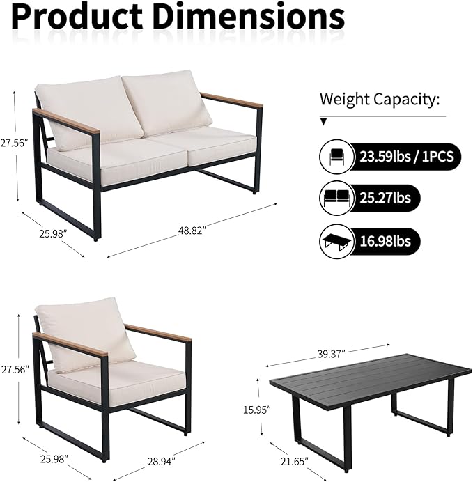 4 Piece Outdoor Patio Furniture, Metal Conversation Set with Coffee Table, Loveseat, 2 Chairs and Thick Cushions, Perfect for Backyard, Balcony, and Courtyard, Black and Beige