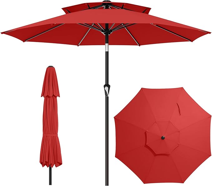 AreShark 10ft 2 Tiers Patio Umbrella - Outdoor Umbrella Waterproof UV Protection, Market Table Umbrella w/Push Button Tilt&Crank for Pool, Porch, Garden(Red)