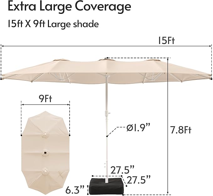 15ft Double-Sided Patio Umbrella with Solar Lights and Base Included, Large Patio Umbrella with 48 LED Dual-Color Lights, 135 Sq Ft Shade Area Patio Table Umbrella for Pool, Outddor, Deck (Champagne)