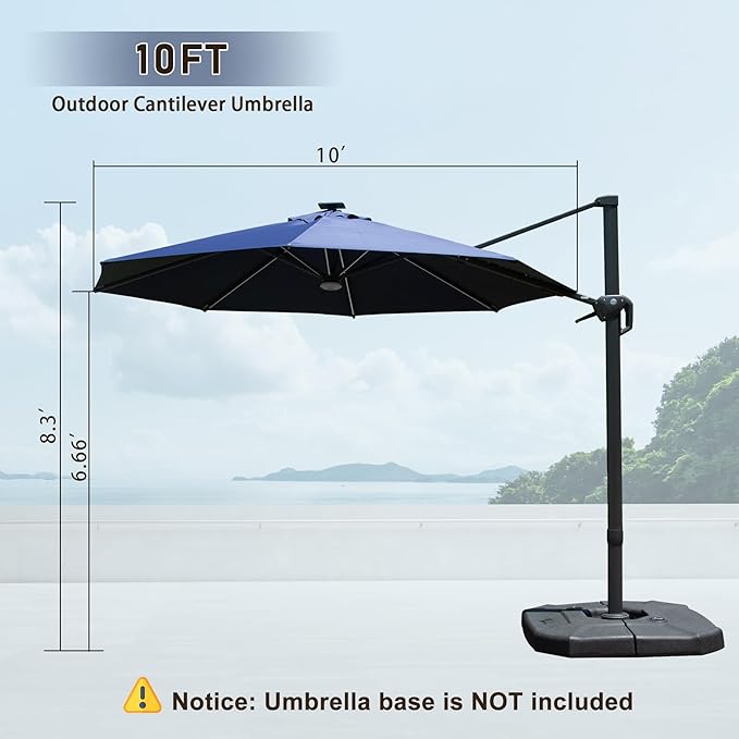 Domi 10FT Cantilever Patio Umbrella Solar Powered LED Round Deluxe Offset Umbrella, Aluminum Hanging Umbrella with 360°Rotation, Outdoor Market Umbrella for Deck Backyard Garden Pool, Navy Blue