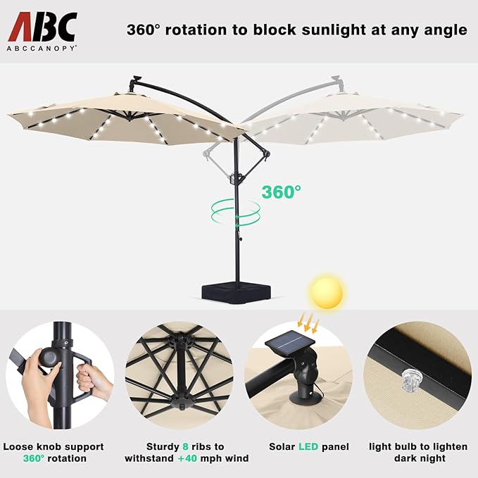 ABCCANOPY 10 FT LED Patio Umbrellas Cantilever Umbrella with base, 360° Rotation Outdoor Lighted Offset Umbrella Bonus Fix Frame & Weights Bag for Backyard, Deck, Poolside (Light Beige)