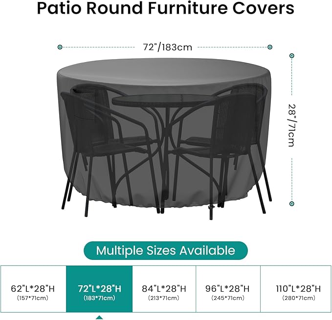Mrrihand Round Patio Table Cover - Heavy Duty Outdoor Furniture Cover Waterproof Patio Furniture Covers for Outdoor Furniture Set, 72"DIAx28"H, Black