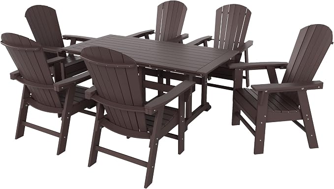 WestinTrends Dylan Adirondack Outdoor Dining Set for 6, All Weather Poly Lumber Patio Table and Chairs Set of 6, 71" Trestle Outdoor Table and Seashell Adirondack Dining Chair, Dark Brown