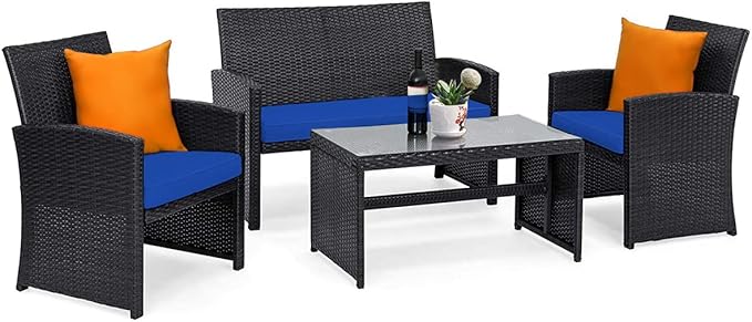 COSTWAY 4 Pieces Patio Rattan Furniture Set, Outdoor Wicker Conversation Set with Soft Cushions & Tempered Glass Coffee Table, Cushioned Chair Sofa for Backyard, Porch, Poolside, Lawn, Garden, Navy