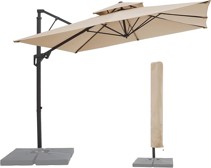 JEAREY 11ft 2-Tier Cantilever Patio Umbrella, Large Square Outdoor Offset Umbrella with Double Top Vent and 360-degree Rotation for Garden, Deck, Pool, Patio, Beige