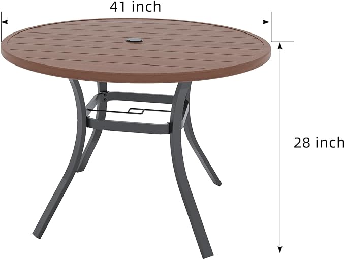 Brown Metal Slat Top 41" Outdoor Patio Round Dining Table with Black Frame | Wood-like Brown Slat Top, Black Frame, All Weather, 1.57-1.9 inch Adjustable Umbrella Hole, 3.4ft, 4 Person