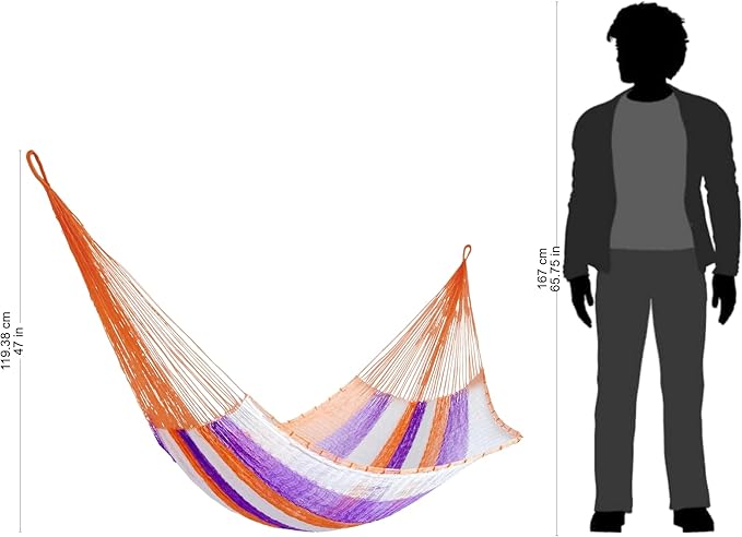 NOVICA Purple Orange White Striped Hand Woven Nylon Mayan 1 Person Rope Hammock with Hanging Accessories, 'Melon Stripe' (Single)