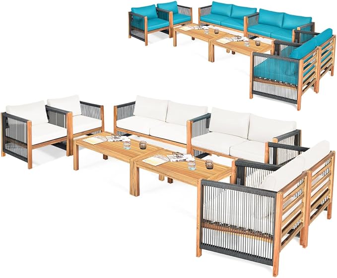 Tangkula Outdoor Wood Furniture Set with 2 Set Cushion Covers, 8 Pieces Cushioned Patio Conversation Set, for Garden Balcony Poolside Outdoor Living (2, WH-TU)
