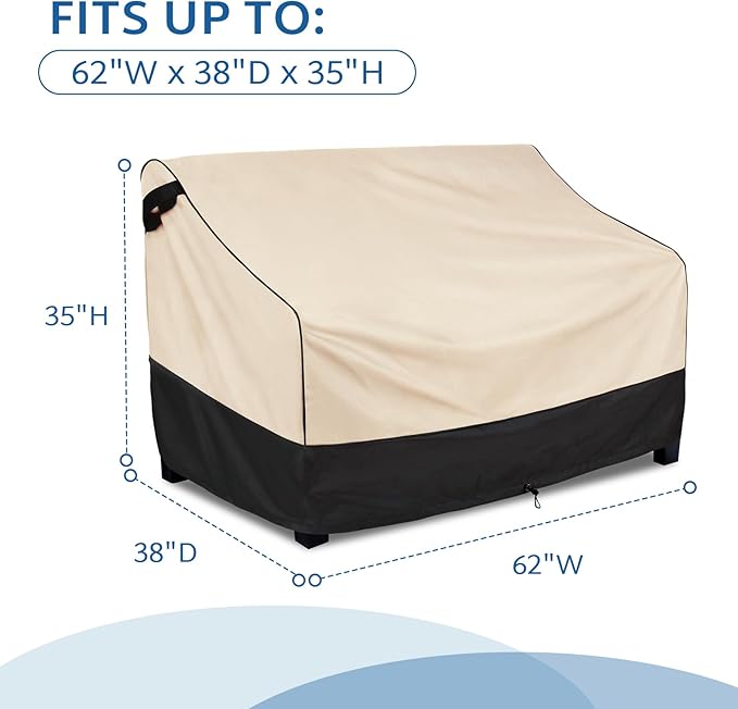 FORSPARK Patio Sofa Cover Waterproof, Heavy-Duty 2-Seater Outdoor Loveseat Cover, Universal Fit for Small Couches & Benches, Fits up to 62”W x 38”D x 35”H