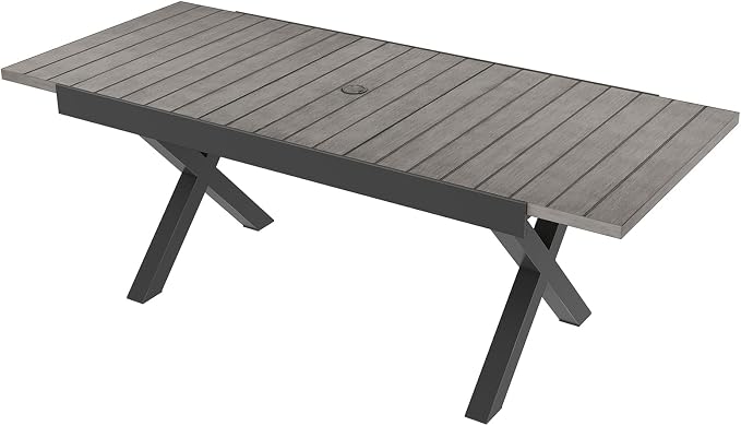 Expandable Outdoor Dining Table for 8 Person, Never-Rust Aluminum Patio Dining Table, 63''-83'' Extendable Dining Table with Umbrella Hole for Backyard Deck Indoor or Outdoor Meals, Limed Oak
