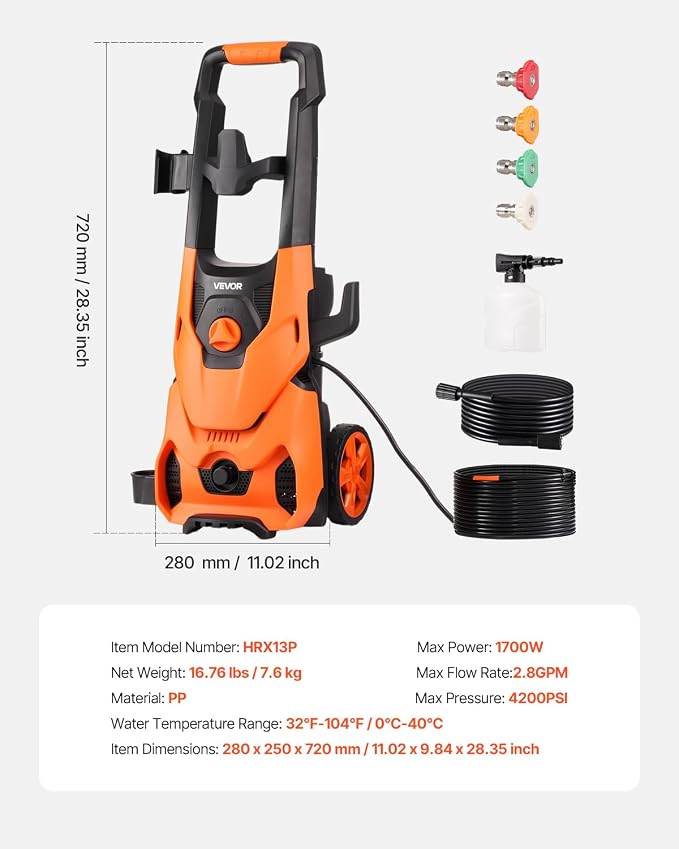 VEVOR Electric Pressure Washer, Max 4200 PSI 2.8 GPM, High-Power Cleaner with Foam Cannon & 4 Nozzles for Driveways, Cars, Fences, Patios, Home Cleaning