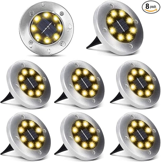 Aogist Solar Ground Lights, 8 LED Garden Disk Lights In-Ground Outdoor Landscape Lighting for Lawn Patio Pathway Yard Deck Walkway (Warm White, 8 Pack)