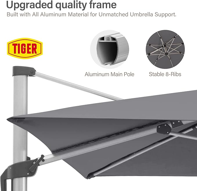LAUSAINT HOME Outdoor Patio Umbrella, 11 FT Large Cantilever Umbrella Windproof All Aluminum Offset Umbrella with 360° Rotation & Olefin Fabric for Garden, Deck, Lawn, Pool, Backyard (Square, Grey)