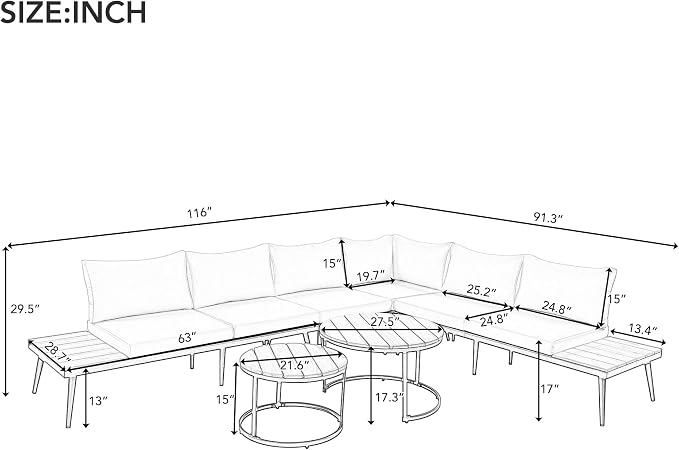 JIVOIT Outdoor Patio Sectional Sofa Set, Modern 6-Piece Conversation Set with Round Nesting Coffee Tables and Seating Sofa with Cushions for Patio, Porch and Garden (Grey * 33)