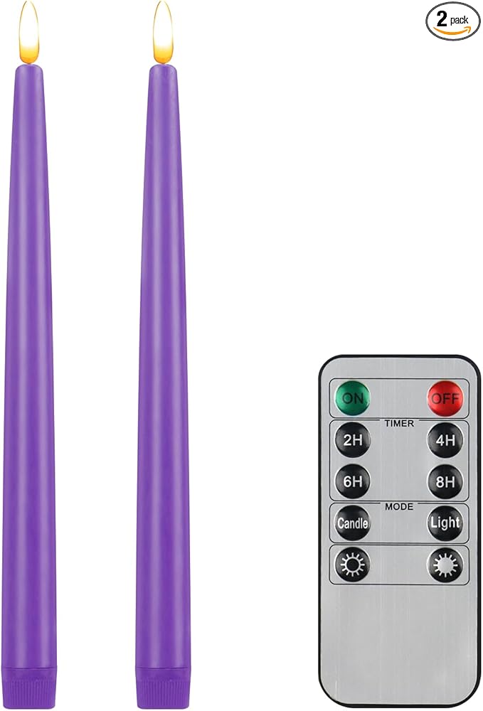 CVHOMEDECO. Flameless Taper Candles with 10-Key Remote, Battery Operated Led Flickering 3D Wick Window Candles Real Wax Finished Home Christmas Party Decor 0.78 x 11 Inch, Pack of 2, Purple