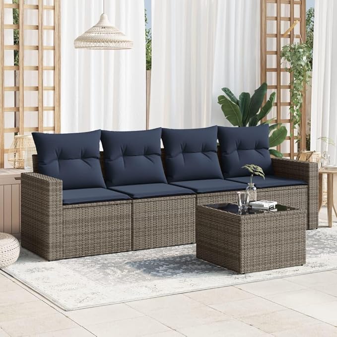 vidaXL Patio Sofa Set with Cushions 5 Piece, Outdoor Sectional Sofa, Conversation Set for Balcony Garden, Patio Furniture, Gray Poly Rattan