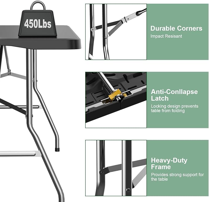 2 Pack 6FT Black Folding Table for Outdoor, 6 Foot Picnic Tables No Assembly Required Portable, Black Foldable Table for Camping, Parties, Meeting, Events, Wedding, with Carrying Handle