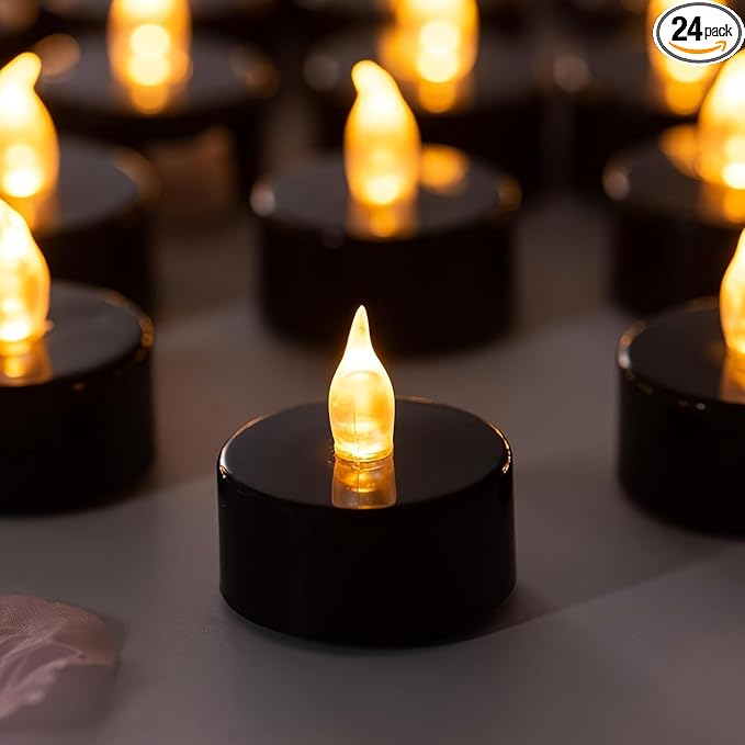 Tea Lights Battery Operated Candles LED Tea Lights Flameless Candles 200+ Hours Flickering Fake Tealights for Halloween, Christmas Home Table Decor(Black, 24 Pack)