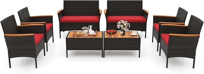 Tangkula 8 Pieces Patio Wicker Sofa Set, 2 Rattan Chairs & Loveseat w/Coffee Table, Acacia Wood Armrests & Tabletop, Outdoor Cushioned Conversation Set for Backyard, Poolside (Red, 8 Pieces)