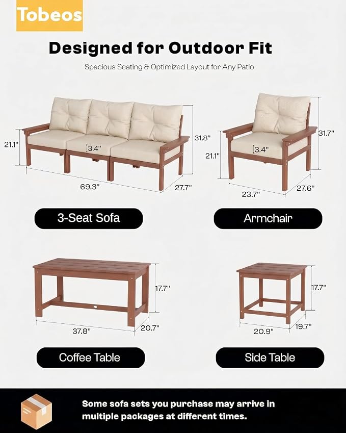 HDPE 10 Piece Outdoor Patio Furniture Set, All-Weather Outdoor Couch Set with Thick Cushions & Coffee Table, Patio Conversation Set for Lawn, Porch, Garden, Balcony, Deck, Poolside, Teak Beige