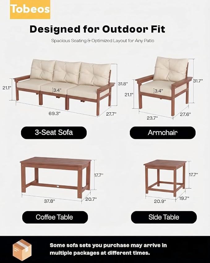 HDPE 3 Piece Patio Furniture Set, All-Weather Outdoor Couch Set with Thick Cushions, Patio Conversation Sets for Lawn, Garden, Porch, Deck, Balcony, Poolside, Teak Frame Beige Cushion