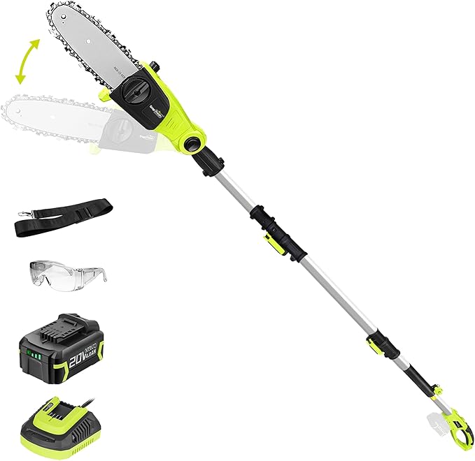 SnapFresh Brushless Cordless Pole Saw, 20V Lightweight Electric Tree Trimmer with 4.0Ah Battery & Fast Charger, 13 ft Reach,8” Cutting Bar, 3 Adjustable Angles, Auto-Oiling for Backyard Tree Trimming