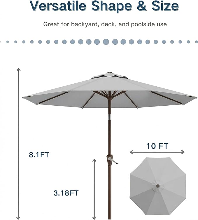 PatioKingdom 10FT Patio Umbrella with Push Button Tilt and Crank, Outdoor Market Umbrella with 8 Fiberglass Ribs, UV Protection Table Umbrella for Pool,Backyard,Garden,Deck