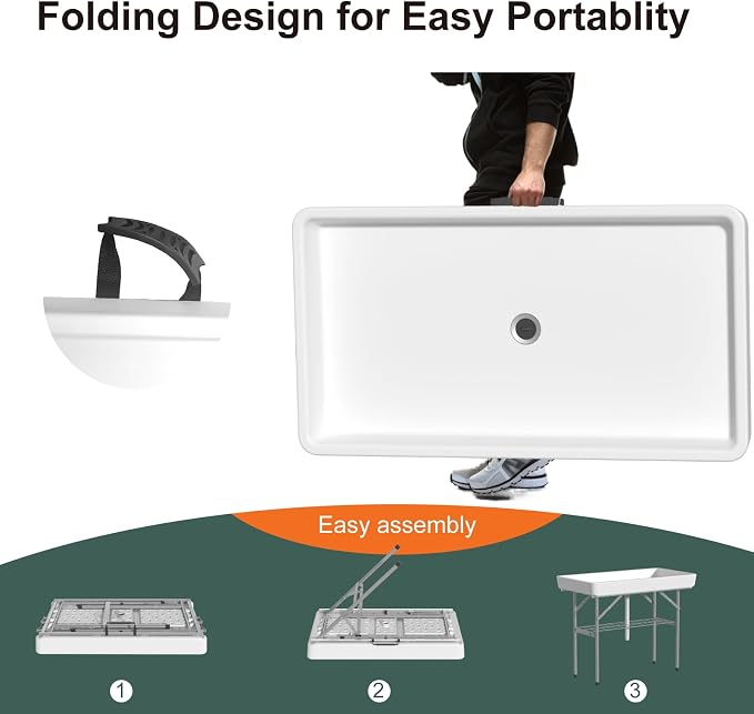 4 Foot Ice Cooler Folding Table, Party Ice Tables with Drain and Detachable White Skirt, Large Plastic Cooler Table to Keep Drinks Cool for Weddings, Outdoor, Picnics, Pool, Camping, BBQ, White
