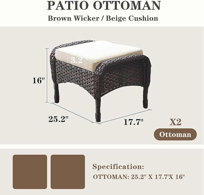 Belord Outdoor Ottomans for Patio Foot Rest - 25 Inch PE Wicker Foot Stool Set of 2 with Removable Cushions for Patio Furniture Sets,All Weather Rattan Ottoman for Balcony Backyard Brown