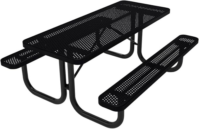 COATEDOUTDOORFURNITURE Heavy-Duty Portable Outdoor Picnic Table, Thermoplastic Coated Punched Steel Commercial-Grade Patio Dining Furniture Made in America (6ft Rectangular, Black)