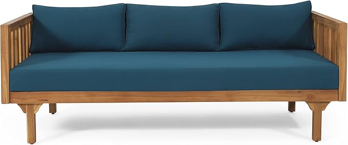 Christopher Knight Home Charm Patio Conversation Set, 3 Seater Acacia Wood Sofa, Spacious Seating Daybed, Wood Coffee Table, Round Side Table, Outdoor Furniture for Backyard Garden Rest, Dark Teal