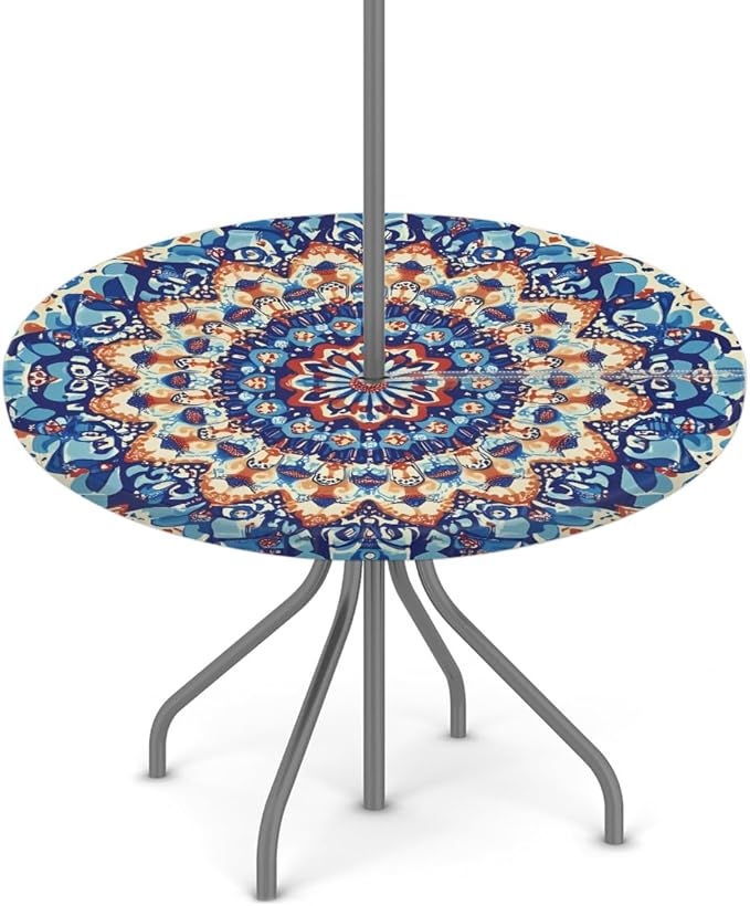 OSAM SPACE Outdoor Tablecloth with Umbrella Hole, Round Elastic Fitted Table Cloth with Invisible Zipper,Colorful Blue Orange Boho Mandala Picnic Patio Table Cover 36-44in