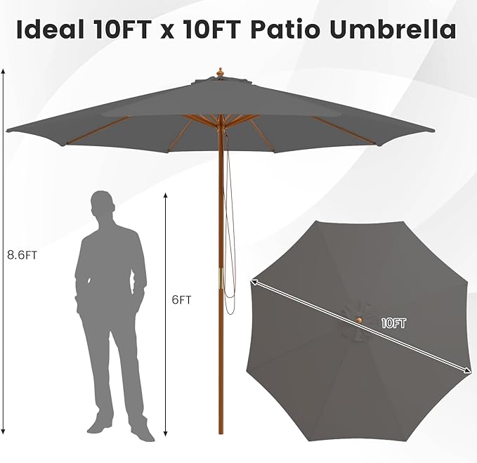 Tangkula 10FT Patio Umbrella, Outdoor Table Market Umbrella w/8 Wooden Ribs, 3 Adjustable Heights, Rope Pulley System, Detachable Pole, Wooden Patio Umbrella for Garden, Poolside, Backyard (Grey)