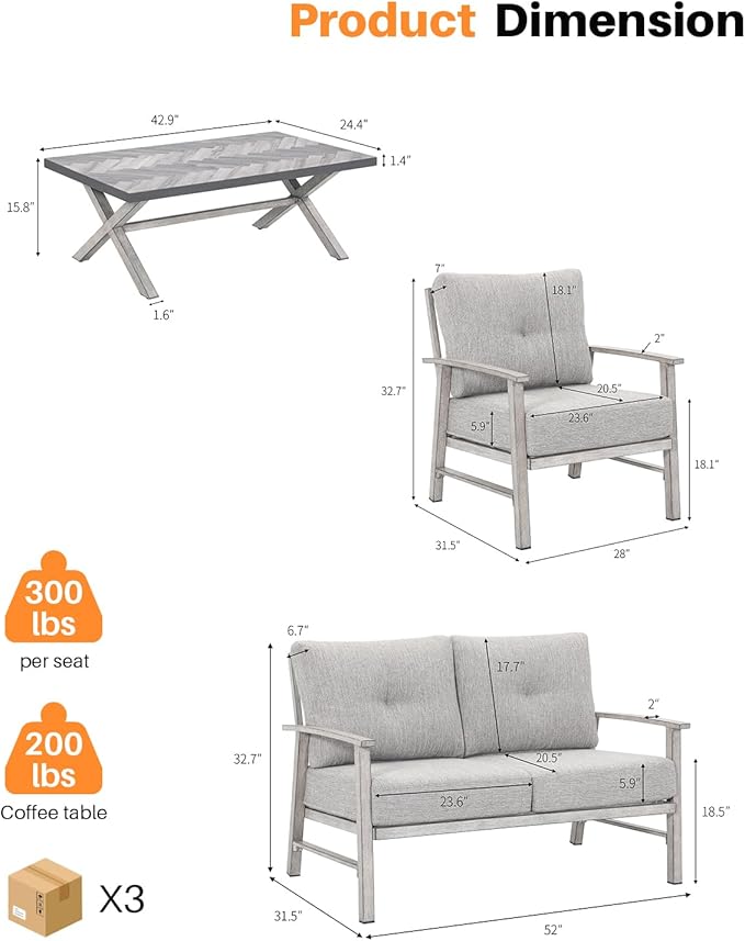 Aluminum Outdoor Patio Furniture Set, 4 Piece Patio Conversation Sets with Washable Thick Cushions, Weather-Resistant Outdoor Sectional Sofa Couch Sets for Poolside, Backyard, White Oak