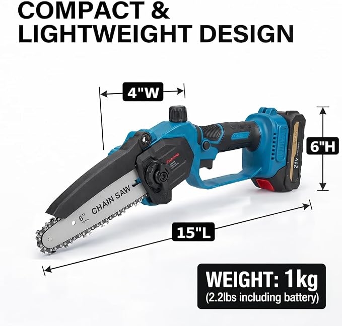 6 Inch Mini Chainsaw Cordless with 2 Batteries and 2 Chains, Portable Electric Chainsaw Handheld Small Battery Powered Chainsaw for Tree Trimming, Wood Cutting, Garden Pruning