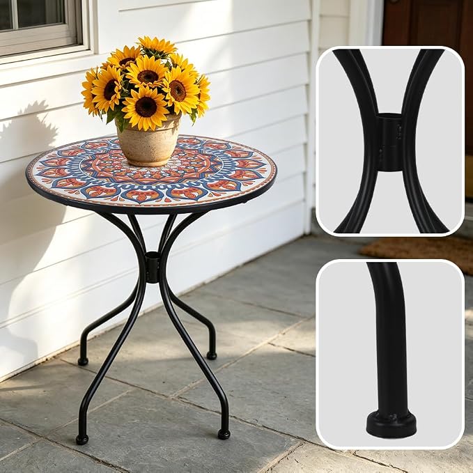 3 Piece Bistro Sets Mosaic Tile Round Table Folding Chairs Garden | Set of 3 Patio Furniture 23.6" Table and 2 Chairs Outdoor Bistro Chairs Artistic Table for Balcony Porch Apartment Backyard