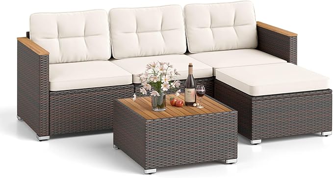 Tangkula 5 Pieces Outdoor Patio Furniture Set, L Shaped Rattan Cushioned Chairs & Coffee Table Set, Outdoor Sectional Conversation Sofa with Wood Armrests & Tabletop for Backyard, Porch, Balcony