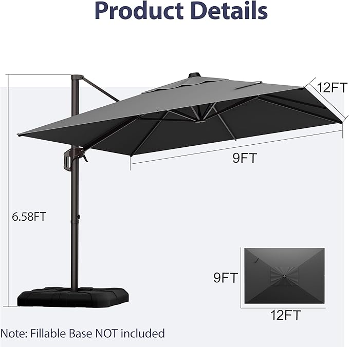 9' X 12' Cantilever Patio Umbrella Rectangle Outdoor Umbrella, 6-Level Tilt & 360° Rotation Offset Umbrella for Garden, Deck, Pool (Grey)