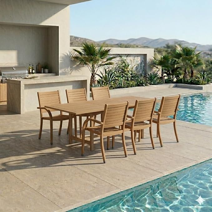Urban Elements Mykonos 7-Piece Rectangular Patio Furniture Set | 100% Certified Teak Table and Teak Finish Stackable Chairs | Backyard Furniture, Rectangular Outdoor Dining Set