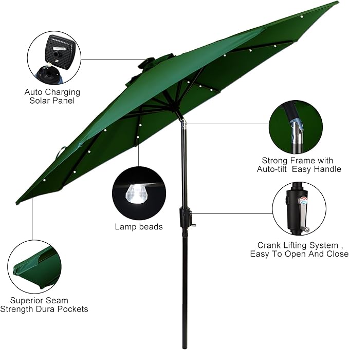 HERMOCE 9FT Solar Umbrella 32 LED Patio Umbrellas with Tilt and Crank,Table Market Outdoor Umbrella for Garden,8 Ribs