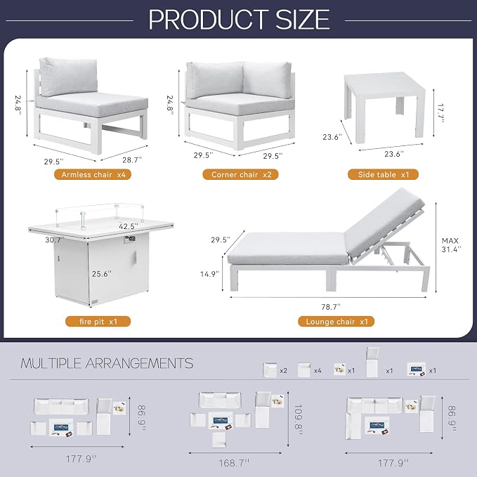 BULEXYARD 7 Seater Extra Large Modern Aluminum Outdoor Sofa with Lay Out Chair & Fire Pit Table, 500 lbs Durable Sectional Set for Heavy People, All Weather Comfy Patio Furniture Set for Garden, White