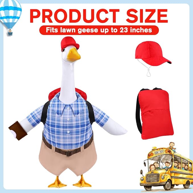 Celltestria Back to School Goose Outfits Porch Goose Costume with Schoolbag Book Blue Grid Goose Clothes for 23" Geese School Outdoor Patio Yard Lawn Garden Art Decoration