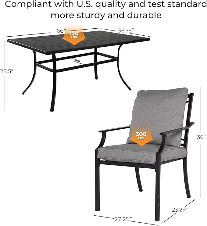 Grand patio 7-Piece Patio Dining Set for 6, E-Coated Outdoor Fixed Dining Set with Olefin Cushions,1 Rectangular Dining Table, Black with Umbrella Hole