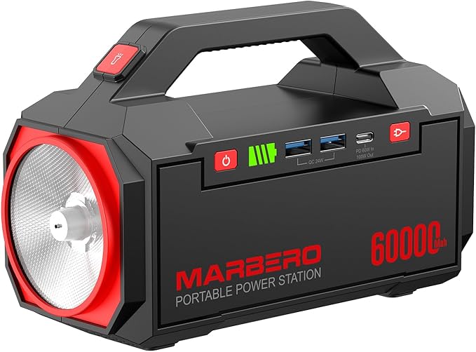 MARBERO Power Bank 60,000mAh Portable Power Station 222Wh with 60W PD Fast Charge & LED Light for Home Backup Outdoor Camping RV Travel and Emergency Power Supply