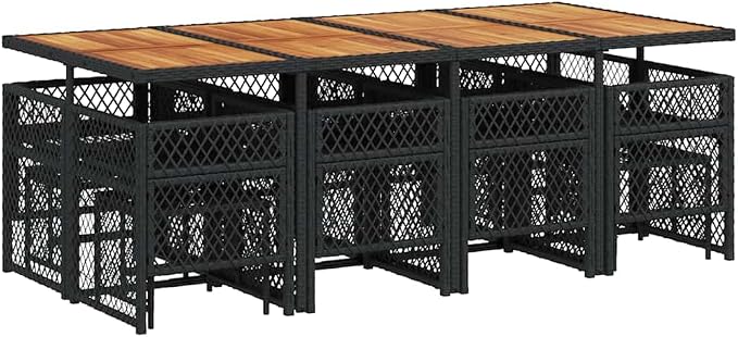 Black Garden Dining Set with 12 Seats PE Rattan Patio Furniture for Outdoor Dining Heavy Duty UV Resistant Table and Chairs Cushioned Seating for Backyard Deck Entertaining