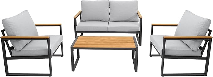 Patio Furniture Set, 4 Pieces Outdoor Patio Furniture with Coffee Table Set, Metal Patio Conversation Sets with Washable and High-Resiliency Sponge Cushions, Upgarded Light Grey