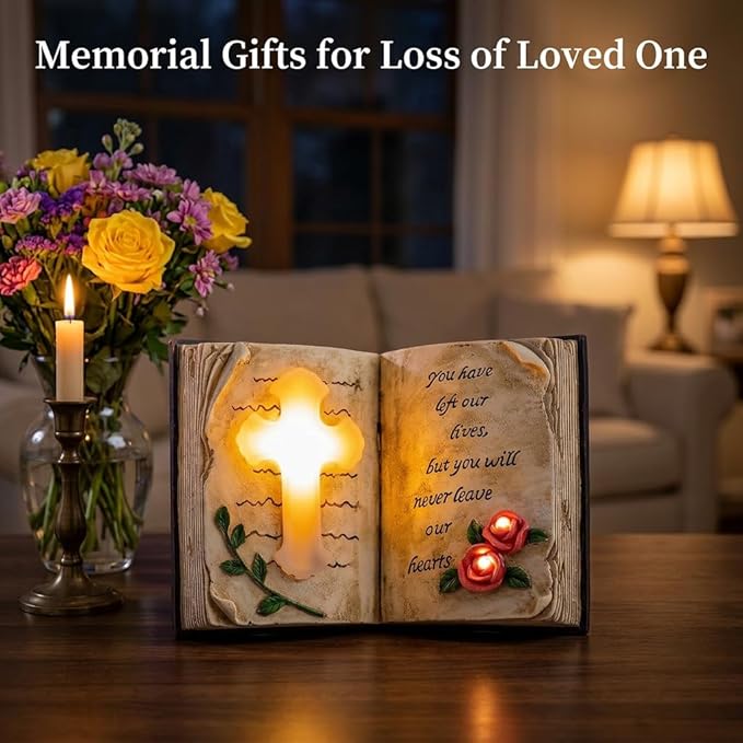 Candieslife Outdoor Solar Memorial Cross Stakes Lights, Waterproof Book Statue Grave Decorations Sympathy Gifts for Cemetery Garden Lawn Yard Patio Home Decor